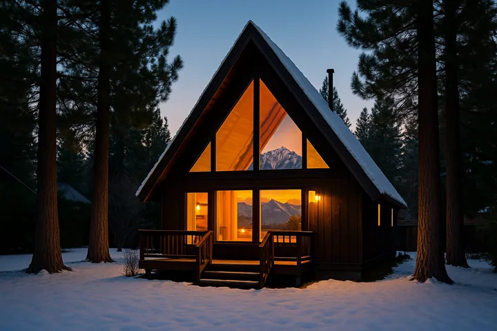 Illustrative A-frame cabin in South Lake Tahoe California